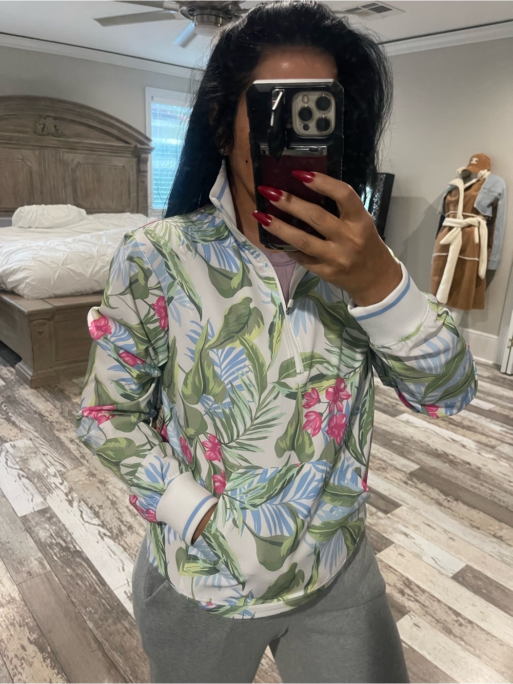 Tommy Bahama Floral Leaf Lightweight Pullover Jacket - White / Green